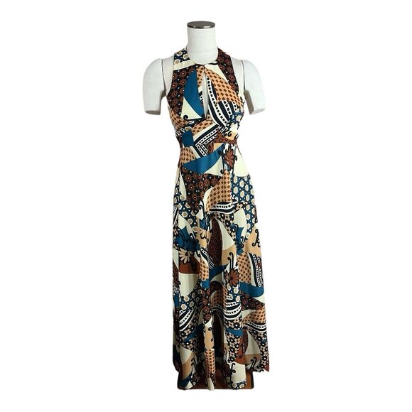 Vintage Neiman Marcus 60s/70s MOD Brown Abstract Maxi Dress Gown w/Wrap Shawl XS - Picture 2 of 13